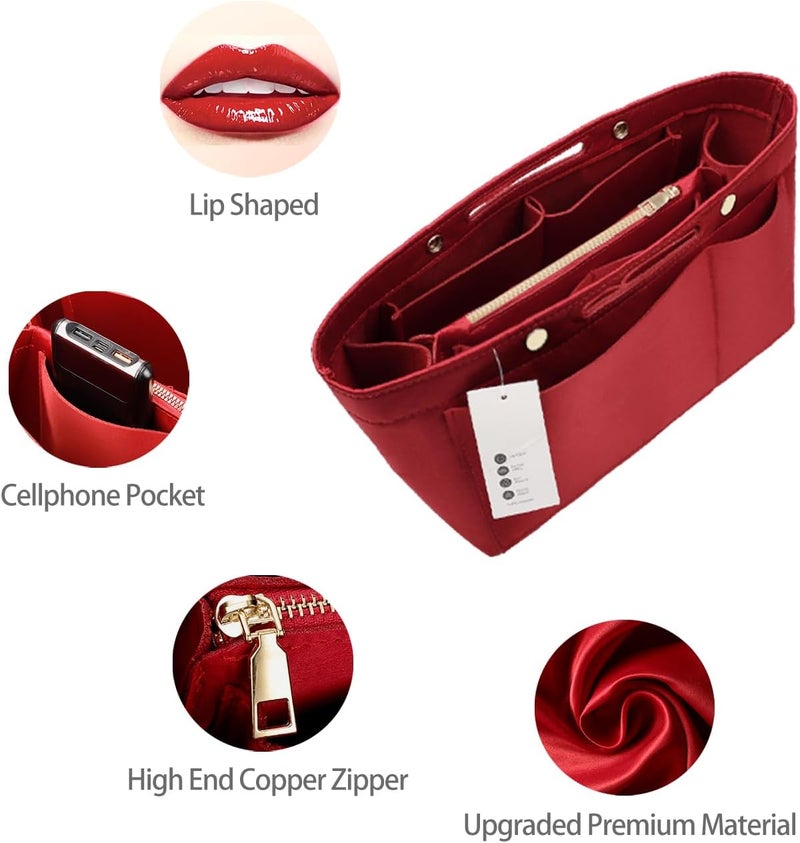 ZTUJO Purse Organizer Insert For Handbags, Silky Bag Organizer With 2 Zippers For Speedy Neverful Tote and More (Red, Medium) - Image 5